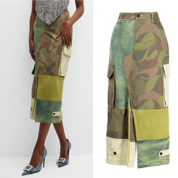 MARNI Cargo Pocket Patchwork Suede Camo Mixed Media Midi Skirt Green Size Medium - Picture 2 of 16